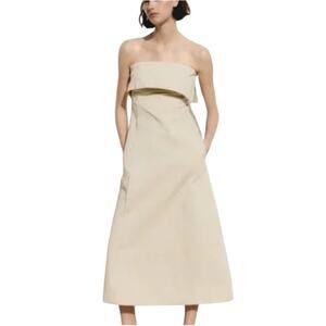Zara S NEW Gabardine Midi Dress Strapless Light Beige Pockets Exposed Seams